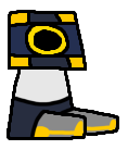 A simplified version of Type, a square headed, orange and black robot. He is sitting on the edge of a tv stand.
