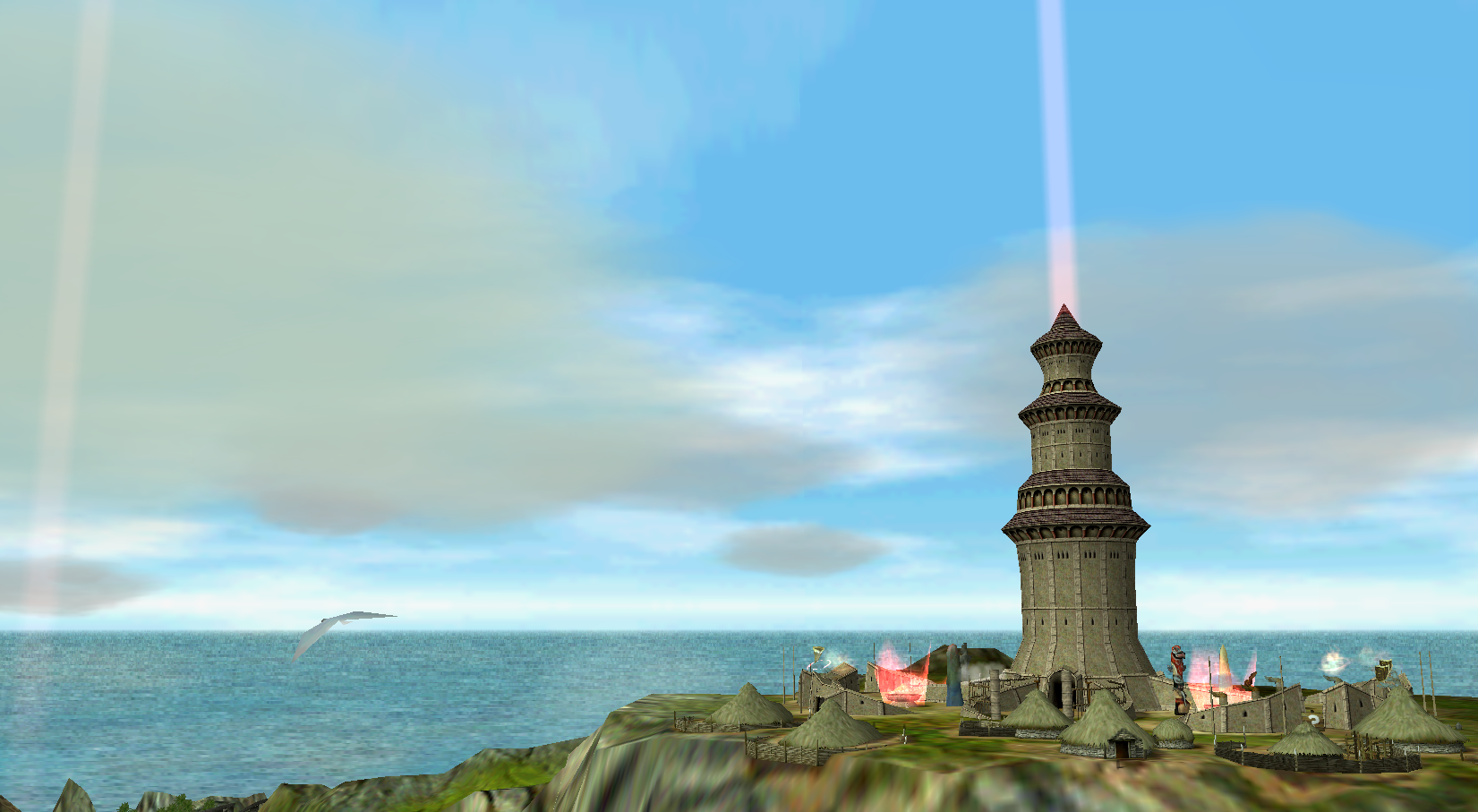 A screenshot of Black And White. The focus is of a large stone gray tower with a purple shingled roof sitting on the plateau of a grassy hill. A beam of red light shines from the top spire. Around it's base are small straw huts, and ritual altars. The sky is blue and slightly overcast with gray clouds.