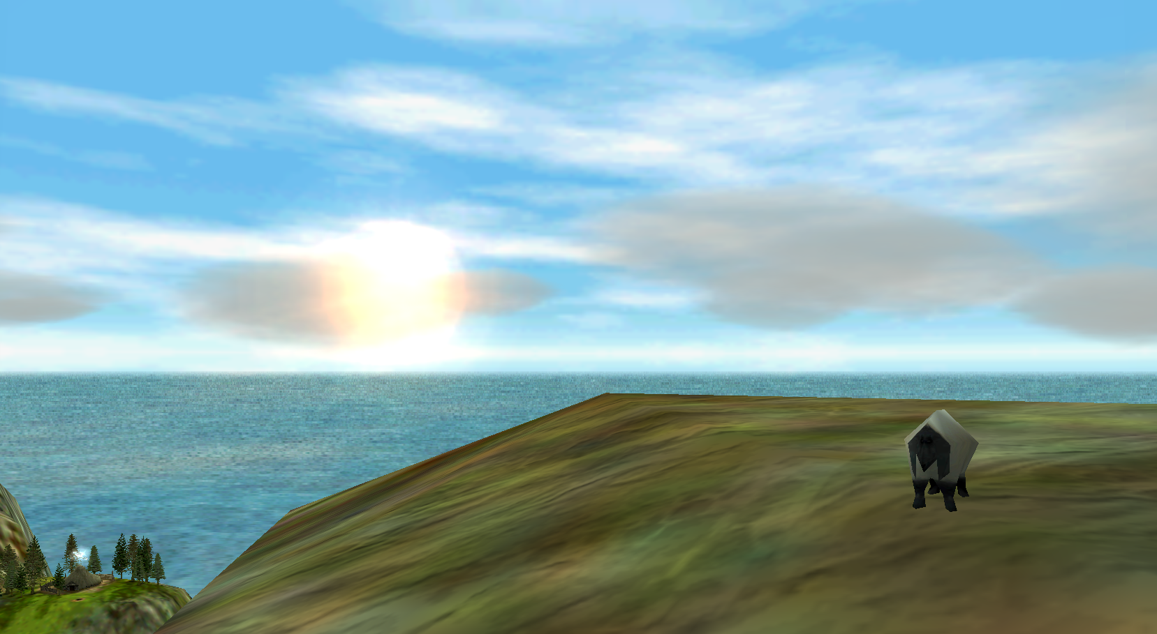A screenshot of a grassy hill. The sun peaks from behind white clouds. A low-polygon sheep grazes on grass in the foreground. A straw hut surrounded by trees can be seen in the distance on a neighboring hilltop.