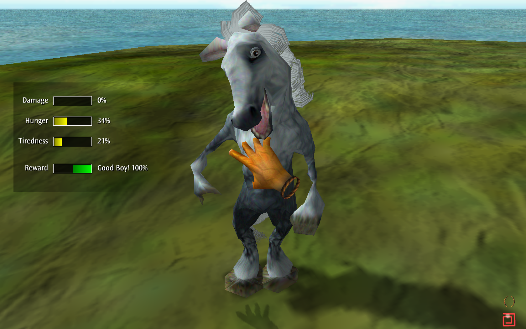 A screenshot of a happy looking gray-blue bipedal horse. The horse has a white mane, and black legs. They are being pet by a disembodied hand. A readout of the creature's hunger and sleep are shown on the left side of the screen.