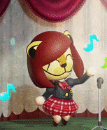 A gif of Nero, a yellow and orange lion anthro. She is wearing a red dress with a bowtie. She is dancing.