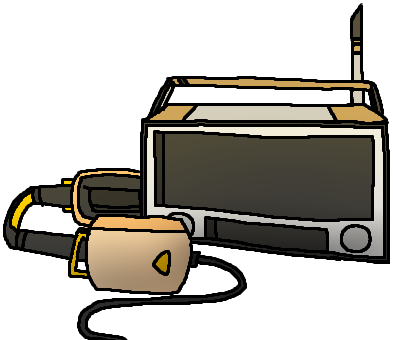 An old fashioned cartoon radio and a pair of black and orange headphones, sitting on top of a table. The radio has a short antenna, two dials, and brown paneling to represent wood grain.